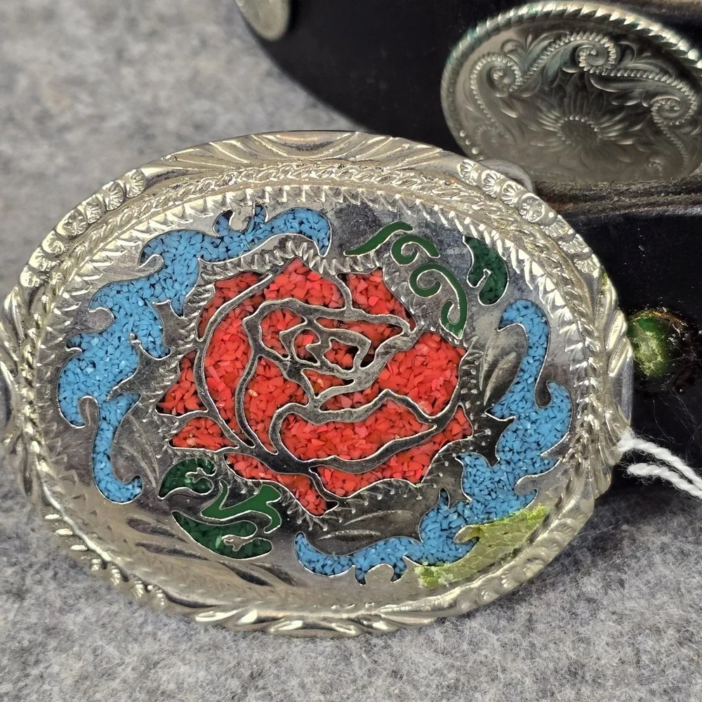 VTG Jacobs Leather Western Belt Teens Small Black Concho Rose Buckle USA